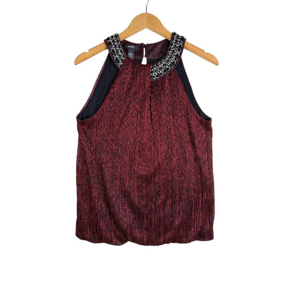 Alfani Womens Glam Red Wine Metallic Sleeveless Blouse Size Large Bubble Hem